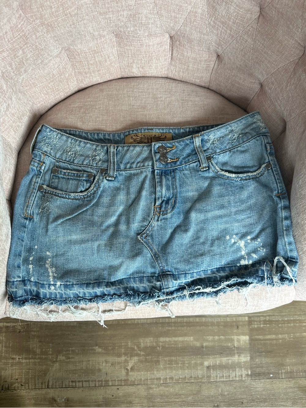 Light Blue Distressed Denim Mini Skirt - Casual Frayed Hem